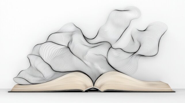 Abstract representation of creativity emerging from an open book with flowing lines and shapes in a minimalist style