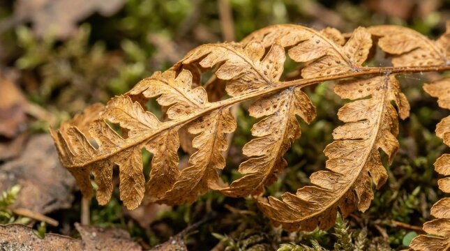 Brown dried fern frond lying on forest floor.