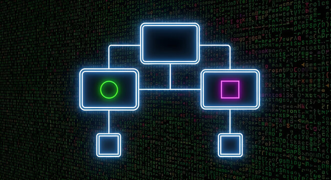 Digital hierarchy network diagram showing complex organizational structures with glowing neon geometric nodes against a dark abstract data code background