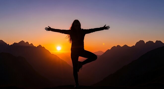Woman balancing mountain sunset