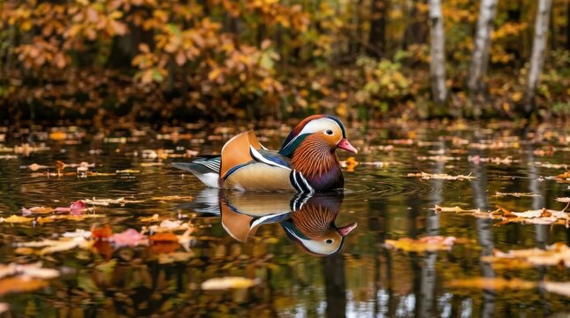 Vibrant Male Mandarin Duck Swimming on a Calm Pond Surrounded by Golden Autumn Leaves and Forest