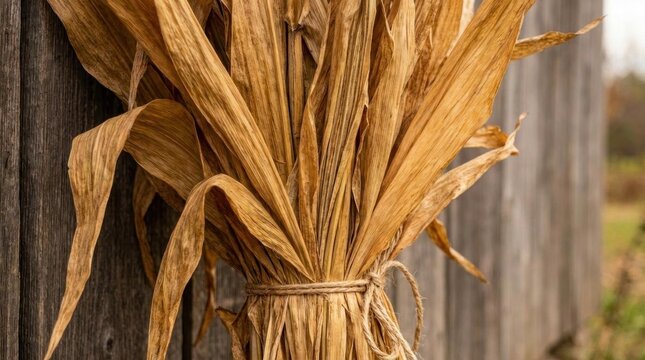 Bundle of dried corn husks against rustic wood.
