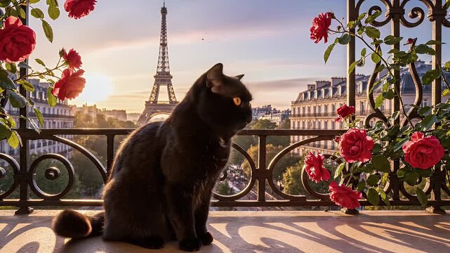 A Black Cat Sits on a Decorative Balcony Framing the Eiffel Tower and Red Roses in Sunset Light