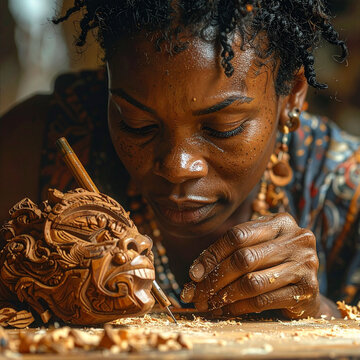 Woman carving wooden sculpture