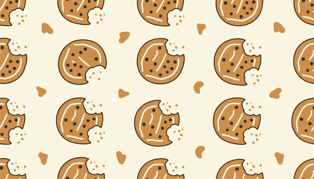 Sweet seamless pattern of delicious bitten chocolate chip cookies and crumbs over a warm cream colored background.