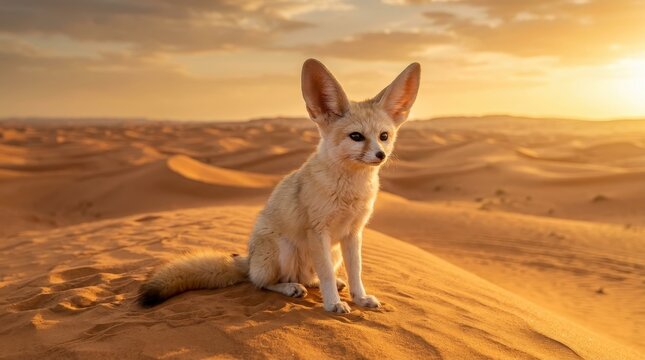 Adorable Fennec Fox Sitting on Golden Sand Dunes in the Sahara Desert at Sunset, Wild Animal in Natural Habitat