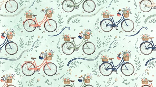 Seamless pattern with vintage bicycles, flower baskets, and helmets on a light green background with botanical elements and winding paths