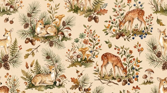 Watercolor seamless pattern with cute baby deer, mushrooms, pine branches, and forest berries on a beige background