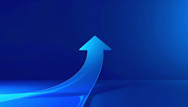 Premium blue 3D arrow rising upward on dark blue backdrop with copy space 2
