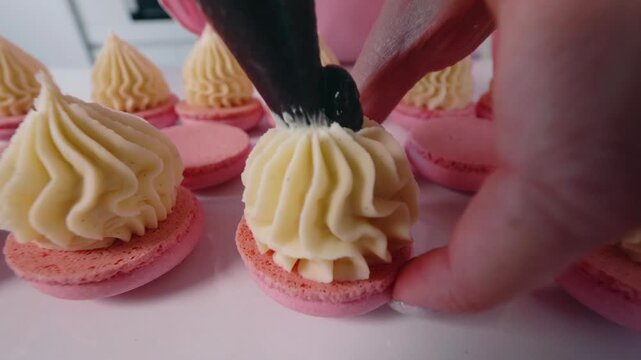 Close-up of a pastry chef piping buttercream filling onto pink macarons during the dessert making process. Homemade French macarons being assembled in a bakery kitchen.