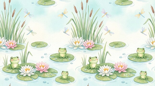 Seamless pattern with cute frogs, water lilies, and dragonflies on a pond, watercolor illustration for nursery decor and fabric design