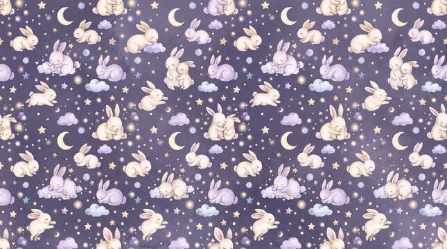 Seamless pattern with cute watercolor bunnies, clouds, stars and moons on a dark purple background for nursery decor