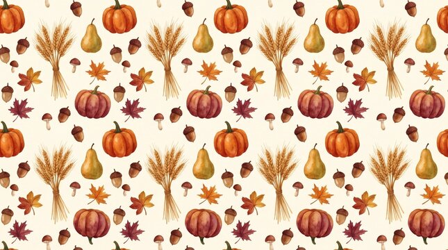Autumn harvest seamless pattern with pumpkins, wheat, pears, acorns, and fall leaves in watercolor style