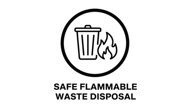 Safe flammable waste disposal sign icon featuring a trash can and a fire flame within a solid black circle outline.