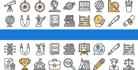 Set of education and school icons including science, math, and geography symbols in a flat colorful design style © Raju