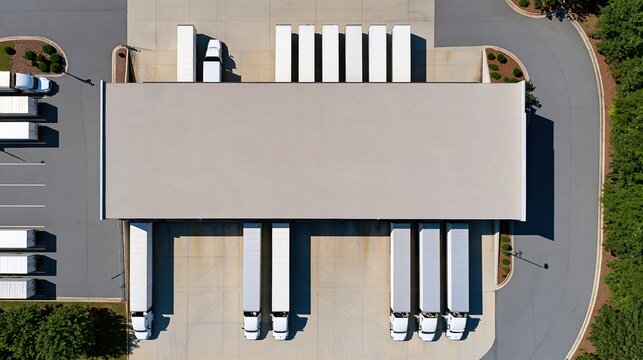 aerial view of trucks parked at warehouse loading