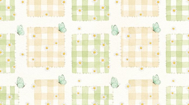 Seamless pattern with watercolor checkered squares, white daisy flowers and soft green butterflies on a textured offwhite background