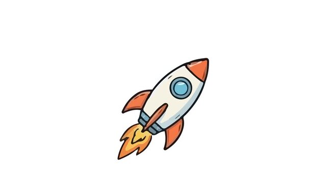 This 2D cartoon animation features a sticker-style space rocket blasting off and flying dynamically against a solid white background.