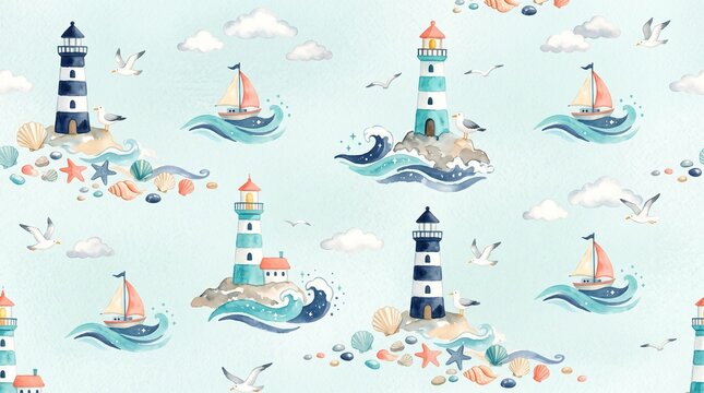 Watercolor nautical seamless pattern with lighthouses, sailboats, seagulls, and seashells on a light blue background