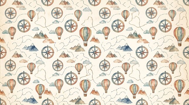 Seamless pattern with watercolor hot air balloons, compasses, mountains, and clouds on a vintage map background