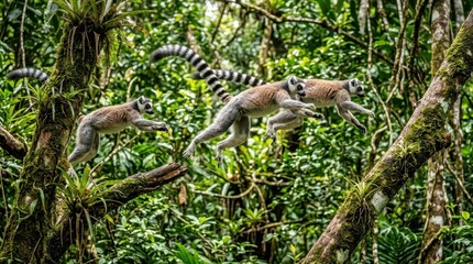 Naklejka premium Three Ring-Tailed Lemurs Jumping Through Lush Tropical Rainforest Canopy in Madagascar Jungle