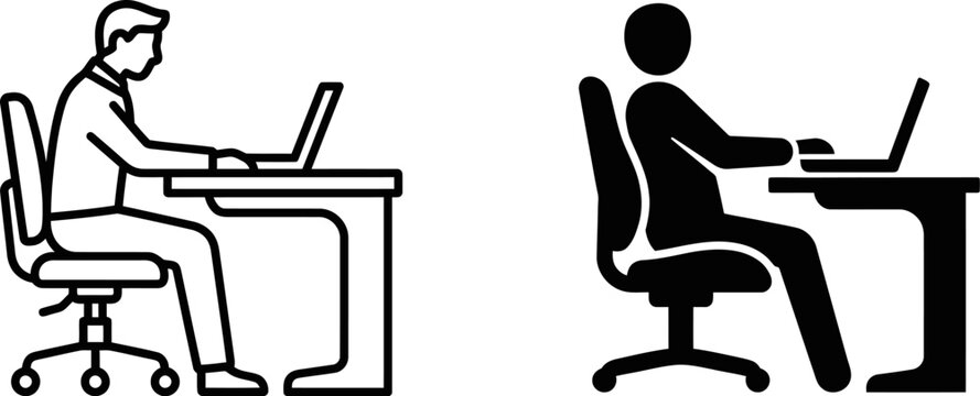 Ergonomic office workstation icons, person sitting at desk with laptop vector, business professional working on computer set