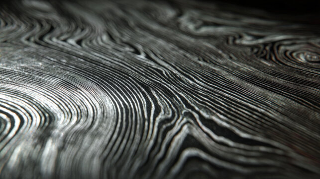 Close-up view of damascus steel texture showing complex wavy blade pattern and polished surface