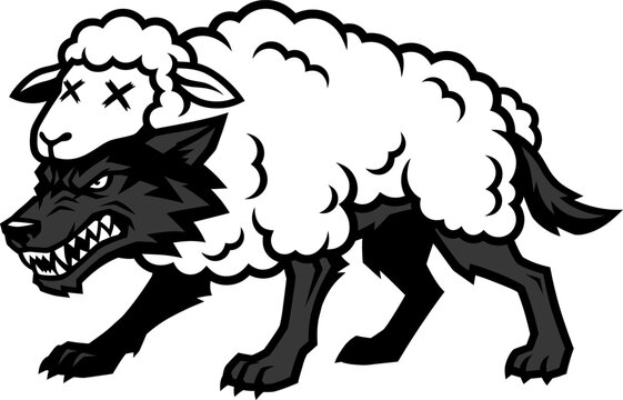 Black and white vector illustration of a cunning wolf wearing a sheep costume with dead eyes, representing the metaphor of a wolf in sheep clothing, deception, betrayal, and hidden danger.