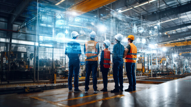 Diverse engineering team in manufacturing plant reviews digital production dashboard together