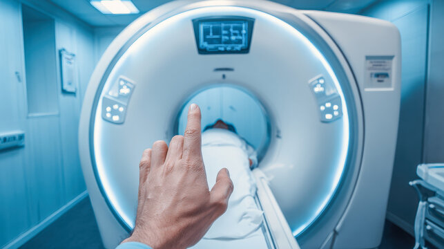 Doctor operates CT scanner control in modern hospital radiology room with patient inside machine