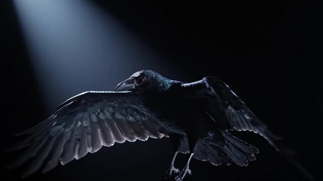 Black raven flying in slow motion against a dark background with light rays