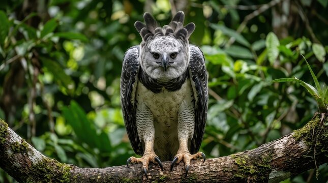 Powerful Harpy Eagle with Intense Gaze Perched on a Tree Branch in a Lush Jungle Environment