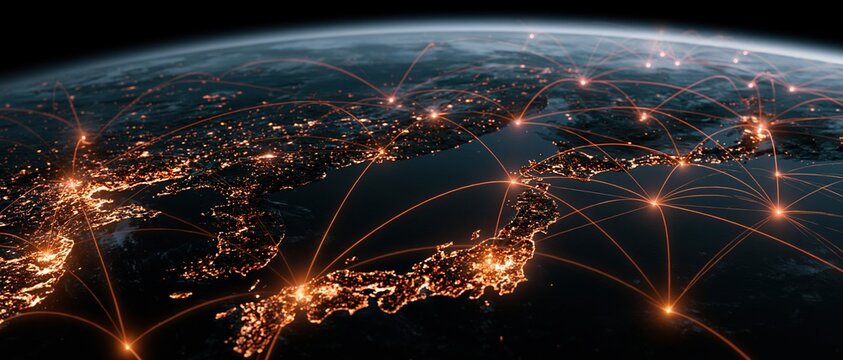 Glowing network connections spanning across Earth globe at