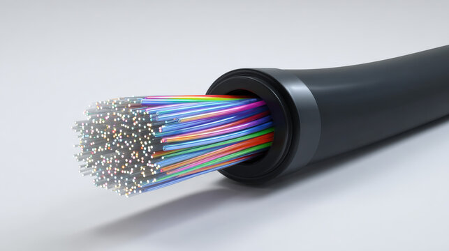 Close-up view of a cut fiber optic cable showing inner strands and glowing cores