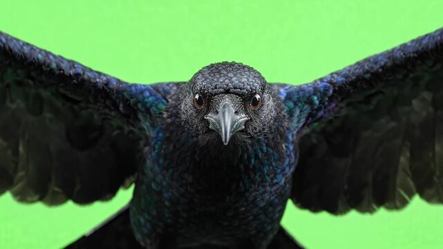 Black raven crow flying straight toward camera on green screen background