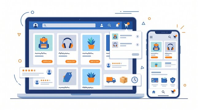 A flat vector illustration of a responsive e-commerce web platform and mobile app displaying products, shopping cart UI, and checkout features.