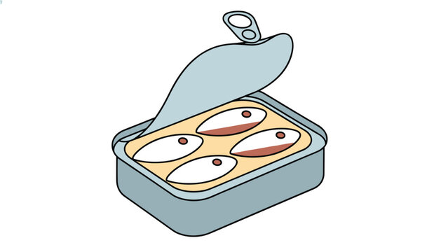 Color vector illustration of a partially opened tin can of preserved sardines in oil showing four fish laid out neatly.