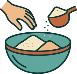 Fototapeta premium Hand adding flour to bowl with ingredients, cooking preparation concept, cartoon illustration