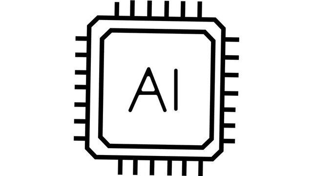 This 2D vector animation features a minimalist black-and-white microchip icon labeled with "AI," representing artificial intelligence processing hardware.