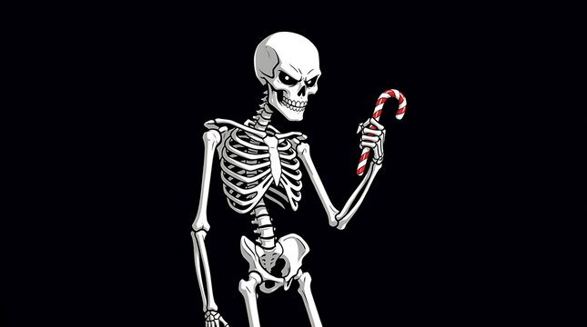 Pixel art human skeleton holding a candy cane against a black background