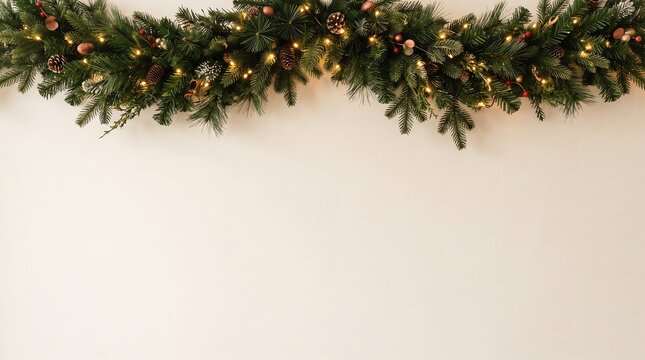 Christmas garland with pine cones and fairy lights on a plain background, marry christmas, marry christmas 2027, happy new year 2027, christmas background
