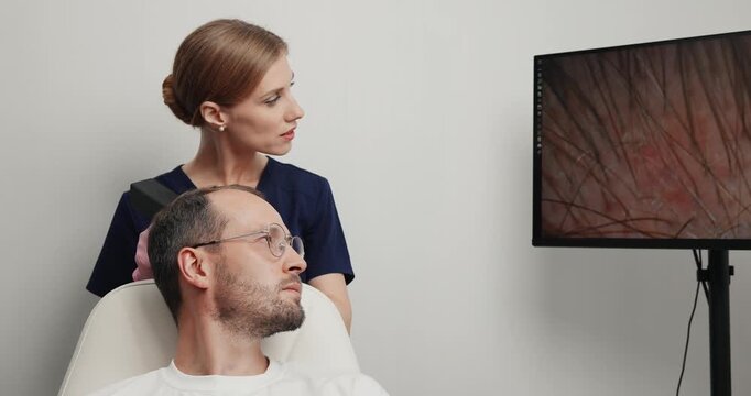 Male scalp consultation at hair clinic with trichoscopy monitor, concept men with alopecia.