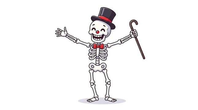 Cheerful pixel art skeleton wearing a top hat and holding a walking stick