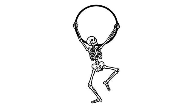 Vintage style skeleton illustration holding a round hoop in outline style