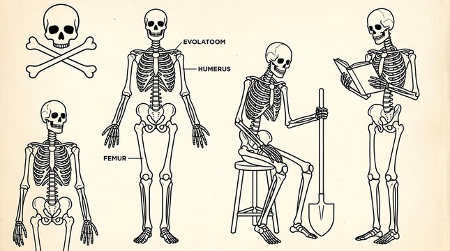Vintage anatomical skeleton charts with various poses and skull diagrams