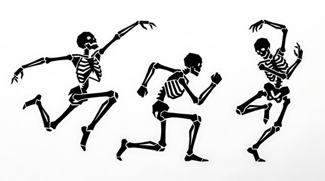 Three dancing and running skeleton illustrations in vintage style sketch