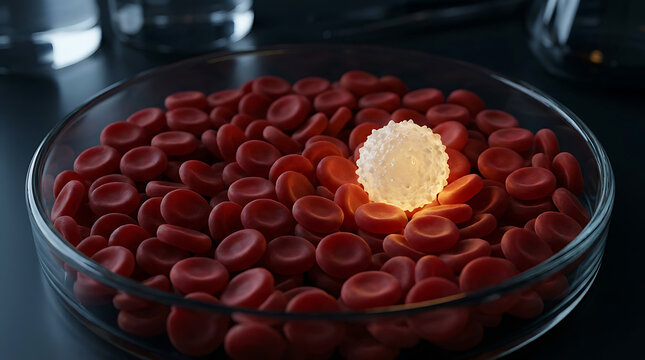 Glowing white blood cell surrounded by red blood cells in a petri dish