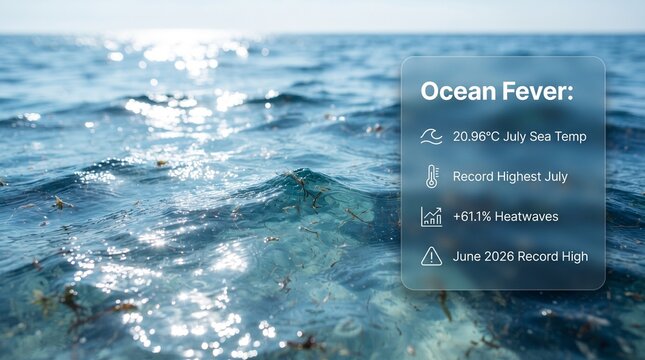 Ocean fever climate data infographic overlaid on sparkling blue sea waves under sunlight with blue water sunlight reflection marine environment water temperature ecological report statistics