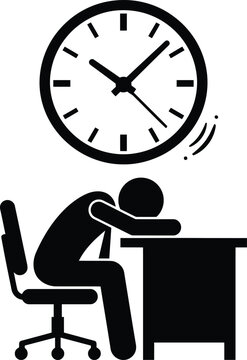 Exhausted stick figure office worker sleeping at desk under large ticking clock showing overtime hours clearly