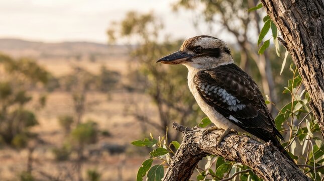 Laughing Kookaburra Perched on a Tree Branch in the Australian Outback During Golden Hour